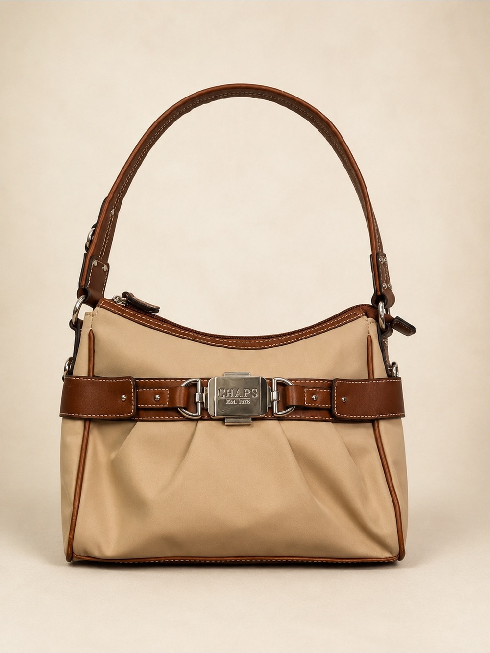 Chaps Beige and Brown Trim Shoulder Bag with Buckle Plaque